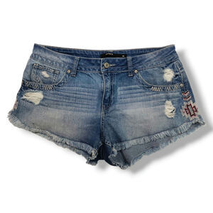 Harper Distressed Embroidered Denim Shorts Raw Hem Cutoff Medium Wash Aztec 30